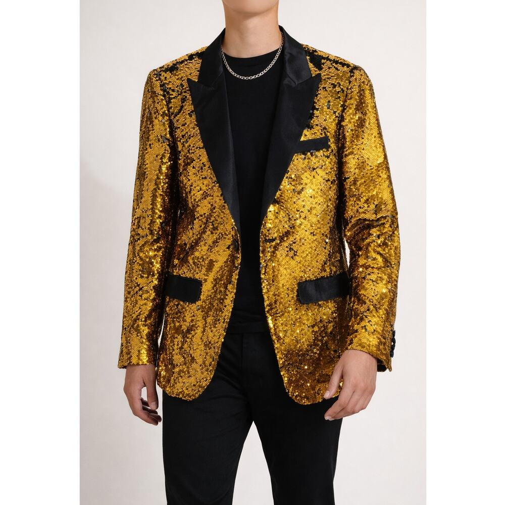Alberto Nardoni Gold Sequin Tuxedo Blazer Satin Lapel Mens Size M Jacket Prom